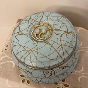 Vintage Vanity Powder Container Blue Splatter Faux Pearl Lid Music Box